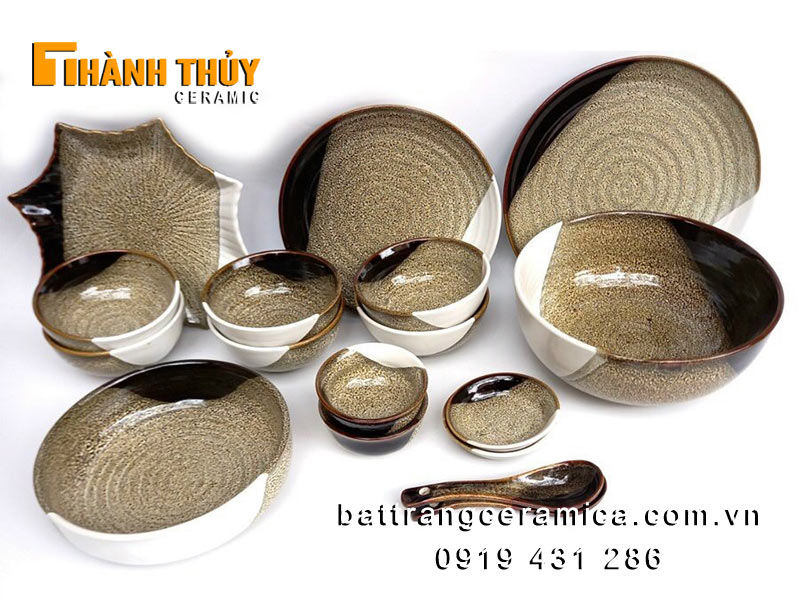 bộ bát đĩa hoả biến gấm 3 màu Bát Tràng sứ cao cấp bền đẹp an toàn giá tốt
