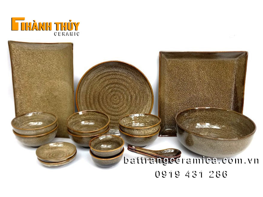 Bộ bát đĩa nhà hàng men gấm nâu 16 món sang trọng bền đẹp Bộ bát đĩa nhà hàng men gấm nâu 16 món sang trọng bền đẹp