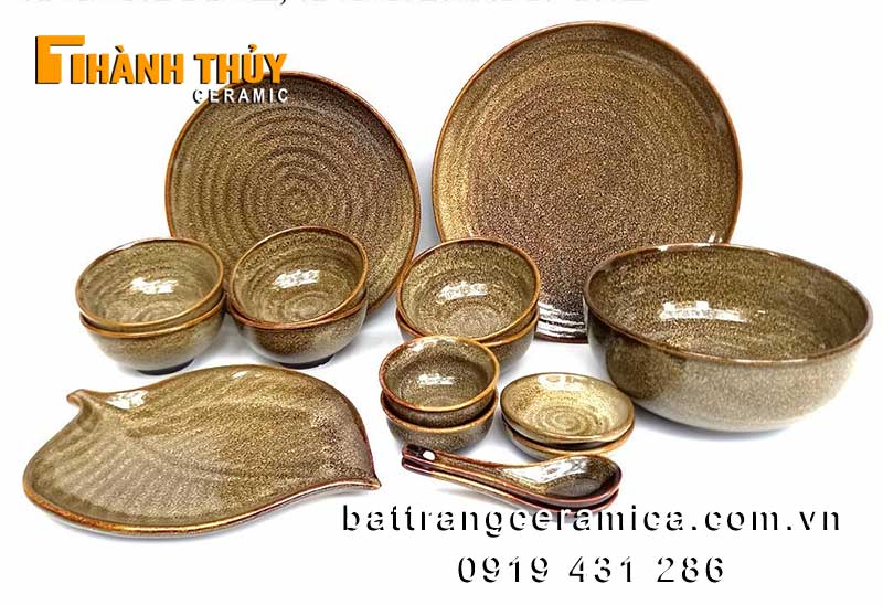 Bộ bát đĩa nhà hàng men hỏa biến nâu sứ Bát Tràng cao cấp an toàn 