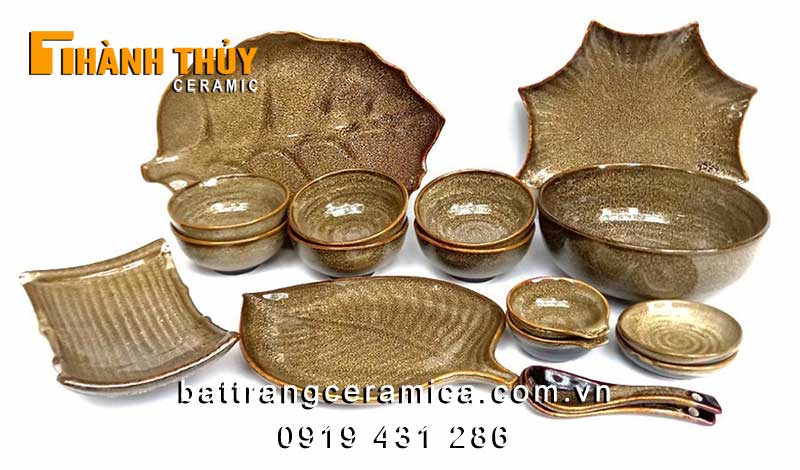 Bộ bát đĩa Bát Tràng nâu men hỏa biến sang trọng giá tốt 