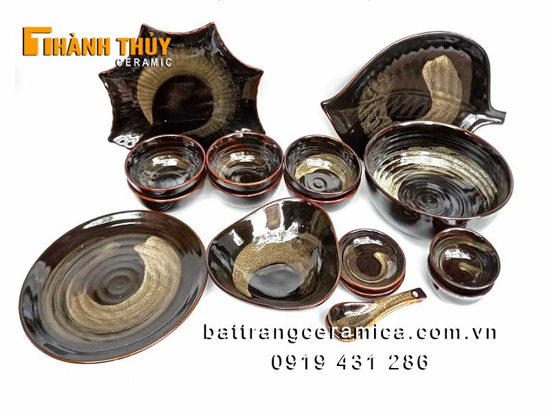 Bộ bát đĩa men hỏa biến nâu phẩy cao cấp Sứ Bát Tràng bền đẹp 