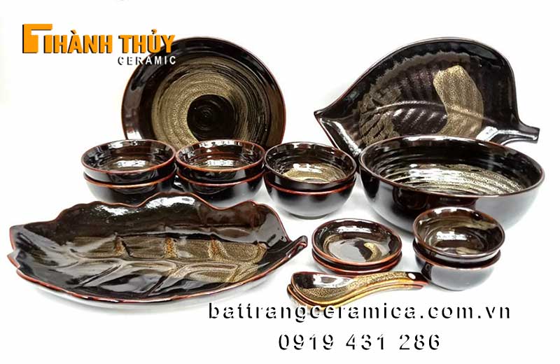 Bộ bát đĩa hỏa biến nâu 16 món cao cấp Bát Tràng giá tốt 