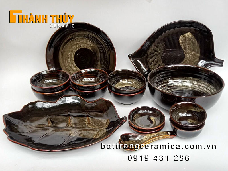 Bộ bát đĩa hỏa biến nâu 16 món cao cấp Bát Tràng giá tốt