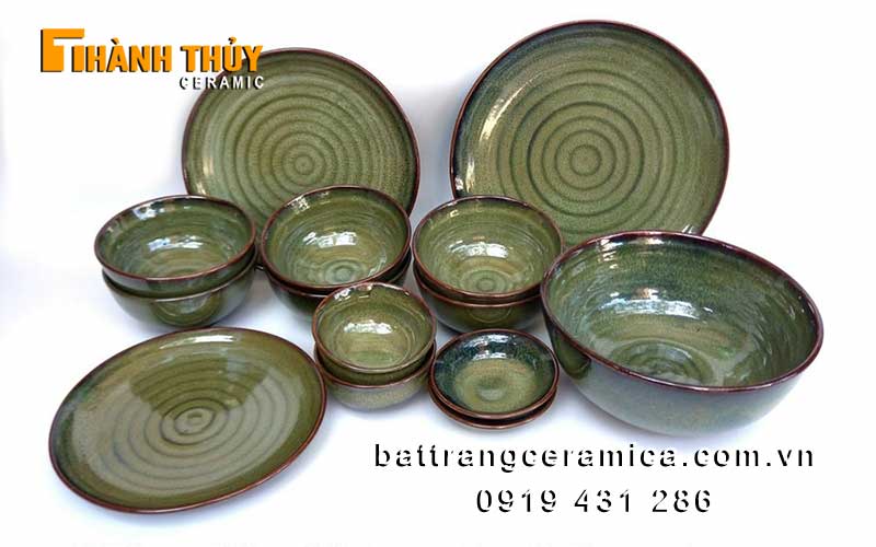 Bộ bát đĩa men hỏa biến xanh rêu sứ Bát Tràng sang trọng, bền đẹp