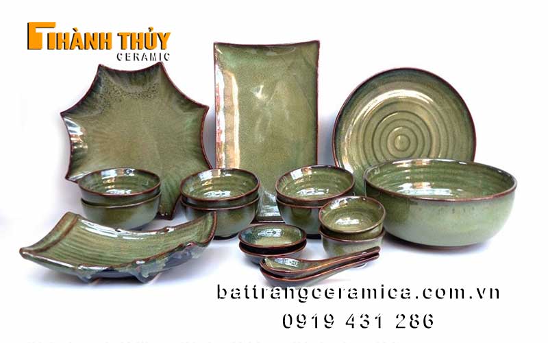Bộ bát đĩa hỏa biến xanh rêu sứ Bát Tràng bền đẹp an toàn 