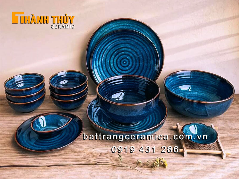 Bộ bát đĩa Bát Tràng men hỏa biến xanh ocean chuẩn cao cấp an toàn