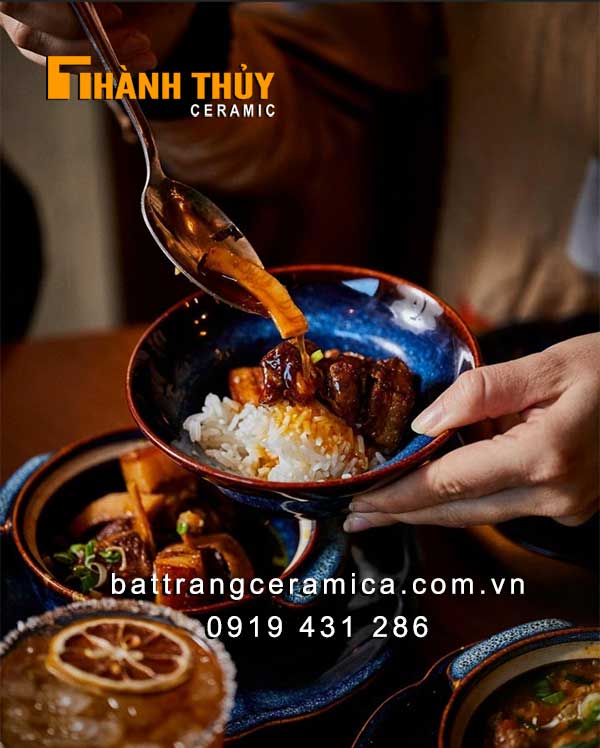 Bộ bát đĩa Bát Tràng men hỏa biến xanh ocean chuẩn cao cấp an toàn