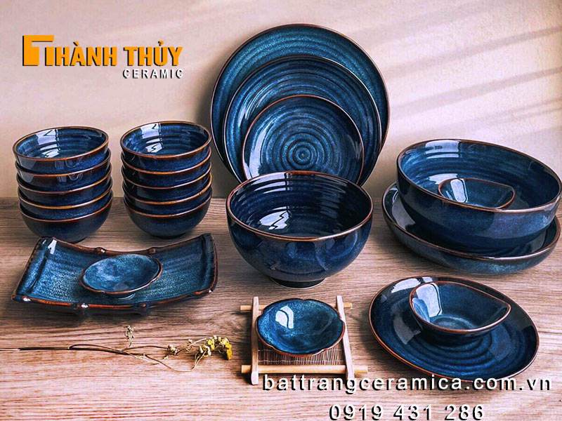 Bộ bát đĩa men hỏa biến xanh ocean cao cấp bền đẹp an toàn 