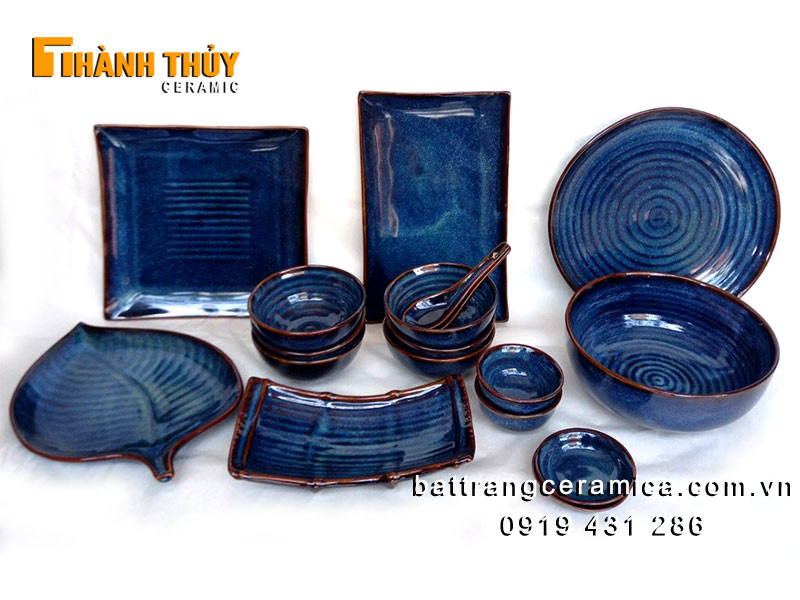Bộ bát đĩa xanh dương men hoả biến Bát Tràng sứ cao cấp bền đẹp