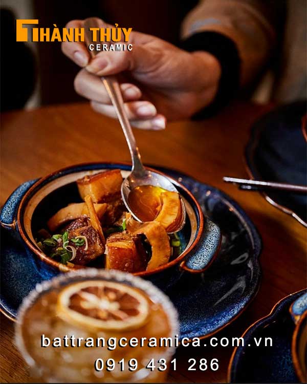 Bộ bát đĩa xanh dương men hoả biến Bát Tràng sứ cao cấp bền đẹp