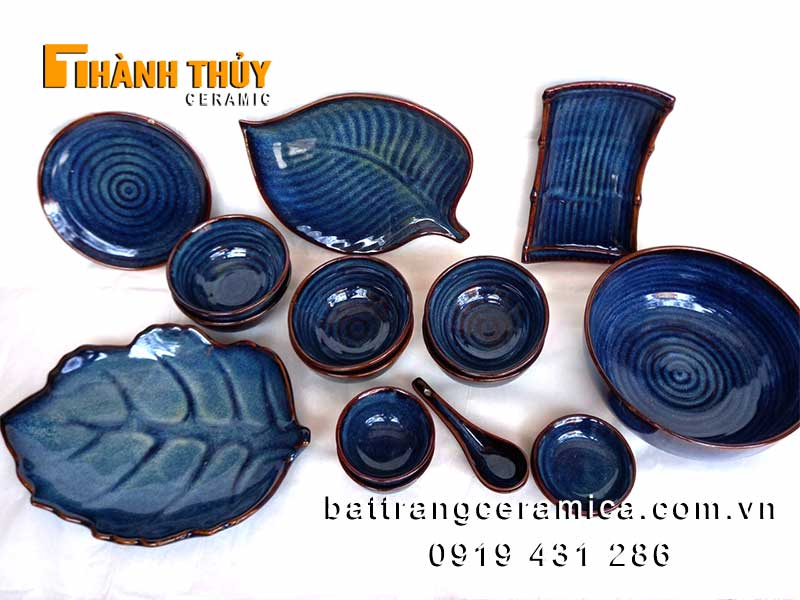 Bát đĩa Bát Tràng men hoả biến xanh đại dương an toàn bền đẹp