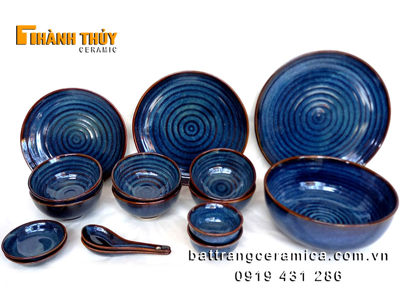 Bộ bát đĩa Bát Tràng xanh gấm 16 món sứ cao cấp an toàn 