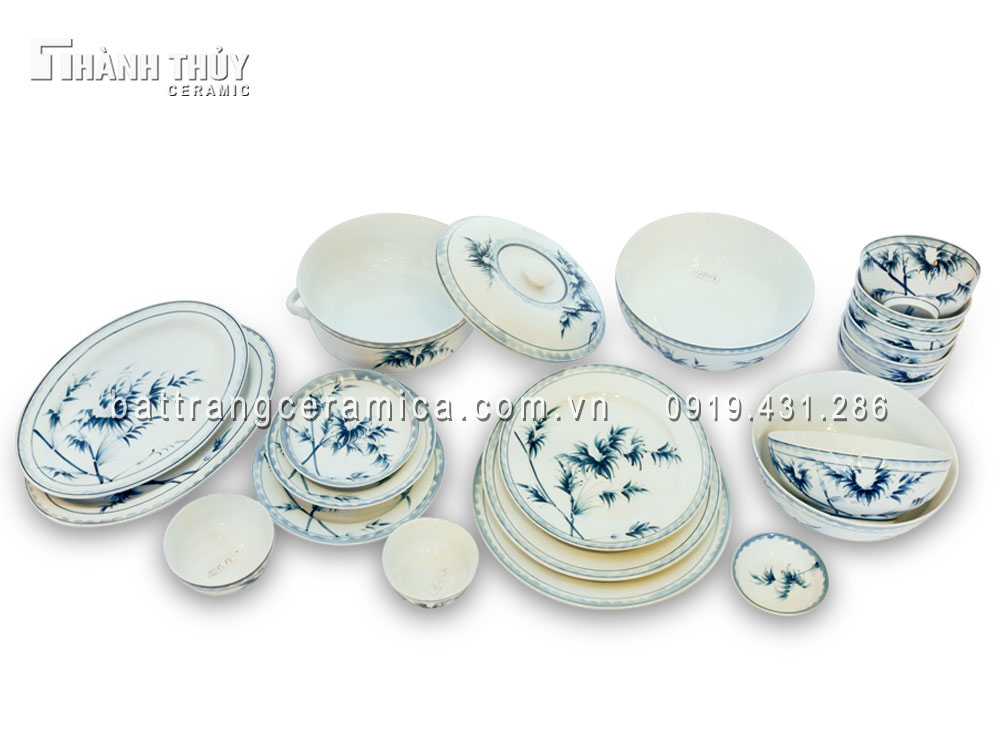Bộ đồ ăn men tràm cổ họa tiết cây trúc sang trọng tiện dụng 