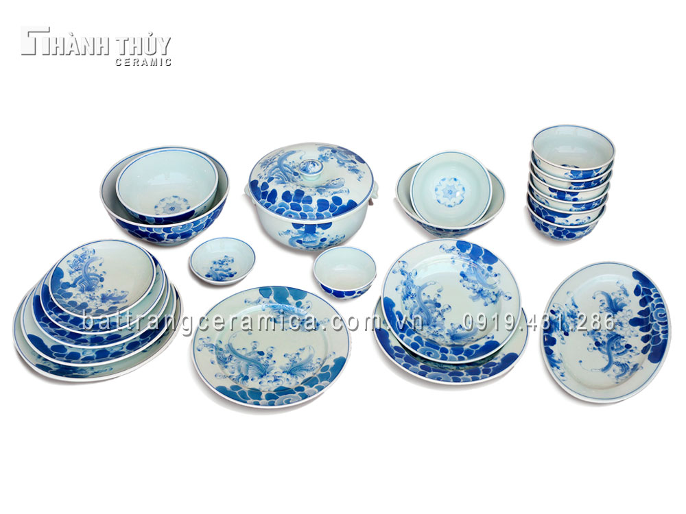 Bộ đồ ăn vẽ Sen men Lam cổ Bát Tràng cao cấp đẹp mê ly 
