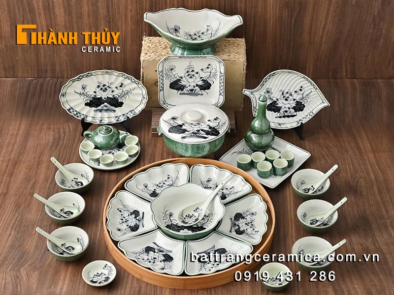 Bộ bát đĩa sen xanh 29 món cao cấp an toàn không chì giá tốt 
