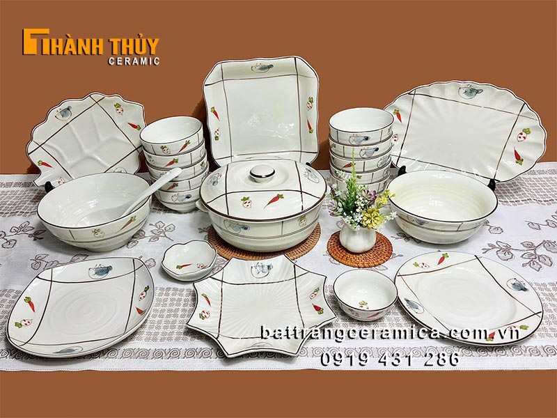 Bộ bát đĩa Bát Tràng 22 món hoa quả cao cấp bền đẹp an toàn 