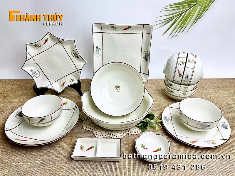 bộ bát đĩa bát tràng men kem 14 món vẽ rau củ sang trọng an toàn giá tốt