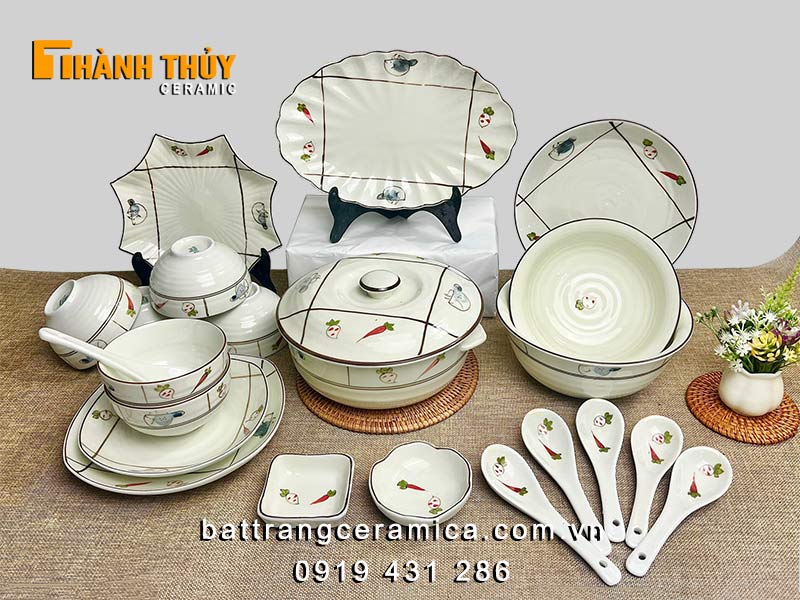 Bộ bát đĩa Bát Tràng 22 chi tiết cao cấp họa tiết rau củ sang trọng tiện dụng