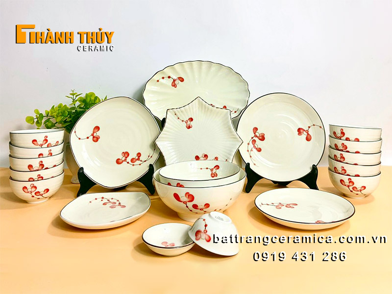 Bộ bát đĩa Bát Tràng 20c vẽ đào đông sang trọng an toàn