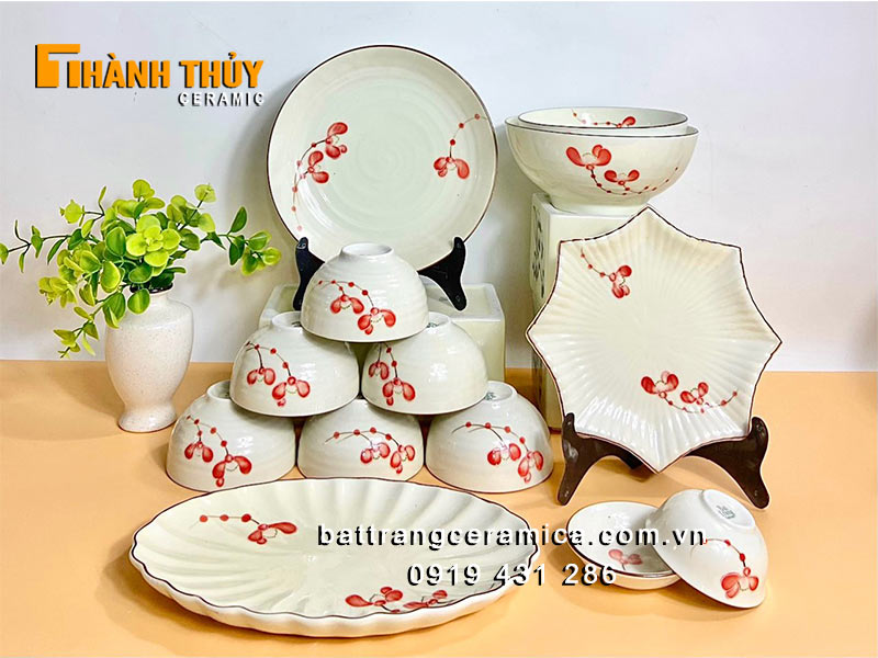 bộ bát đĩa bát tràng men kem vẽ đào đông đẹp bền giá tốt an toàn 