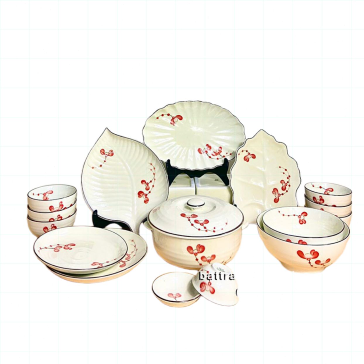 Bộ bát đĩa Bát Tràng men kem vẽ đào đông 16c sang trọng an toàn 