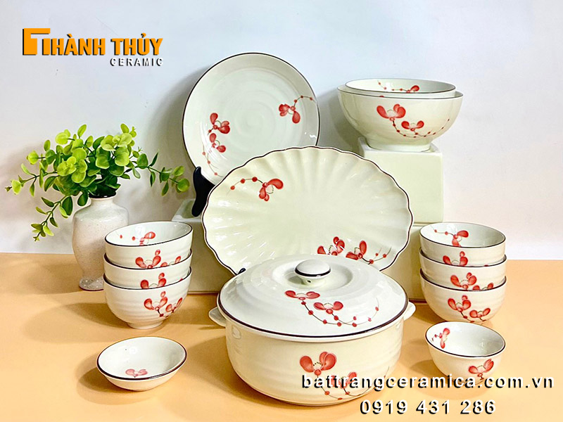 Bộ bát đĩa Bát Tràng hoa đào kem cao cấp 13 món bền đẹp giá tốt