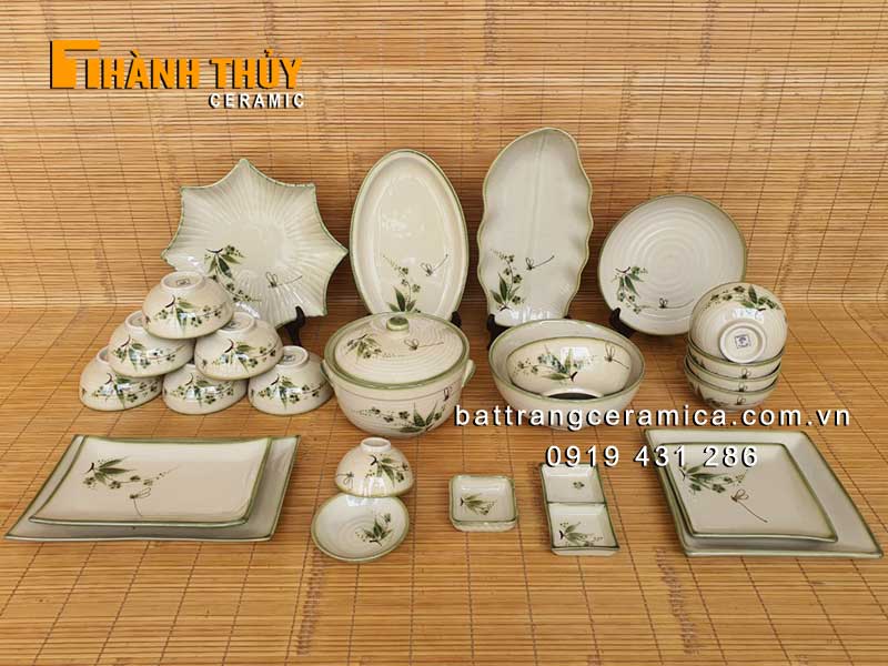 Bộ chén dĩa 25 món vẽ trúc chuồn Bát Tràng sang trọng tiện lợi 