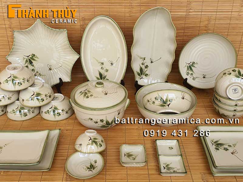 Bộ chén dĩa 25 món vẽ trúc chuồn Bát Tràng sang trọng tiện lợi
