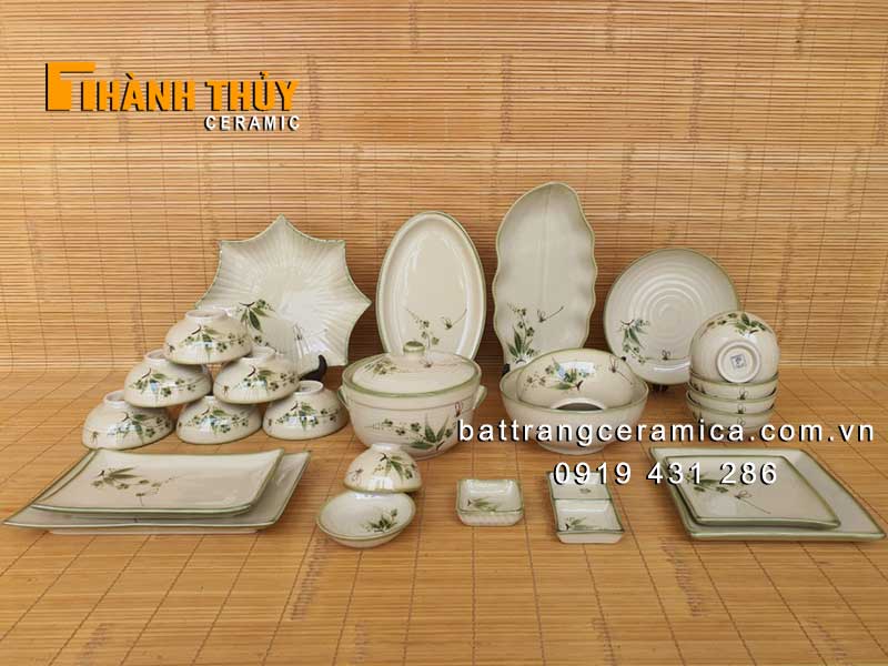 Bộ chén dĩa 25 món vẽ trúc chuồn Bát Tràng sang trọng tiện lợi