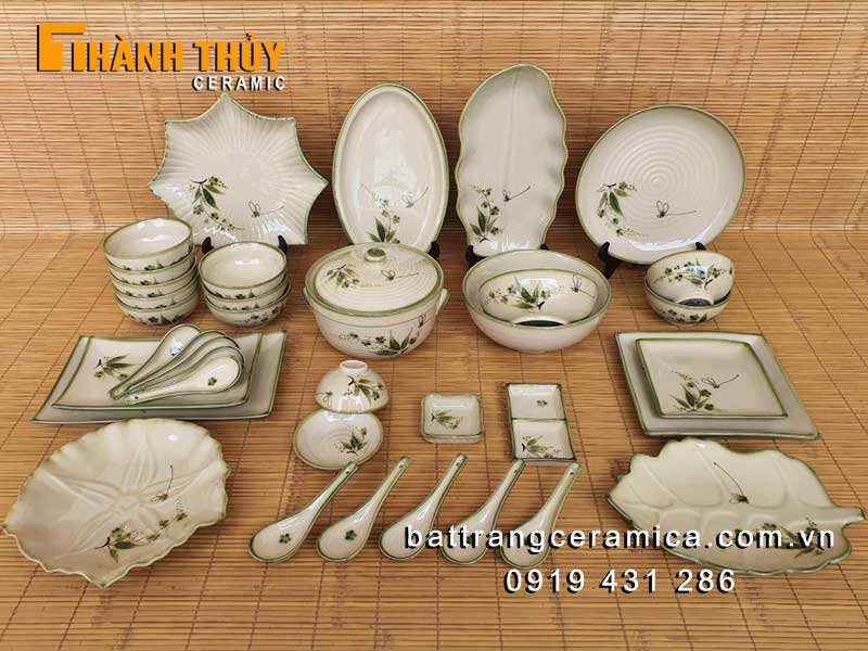 Bộ bát đĩa trúc chuồn men rêu 37 món gốm sứ cao cấp Bát Tràng