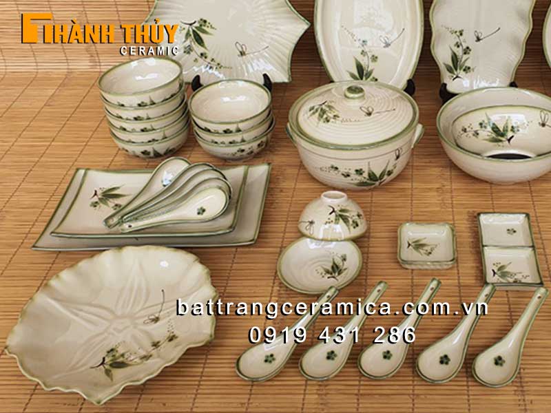 Bộ bát đĩa trúc chuồn men rêu 37 món gốm sứ cao cấp Bát Tràng