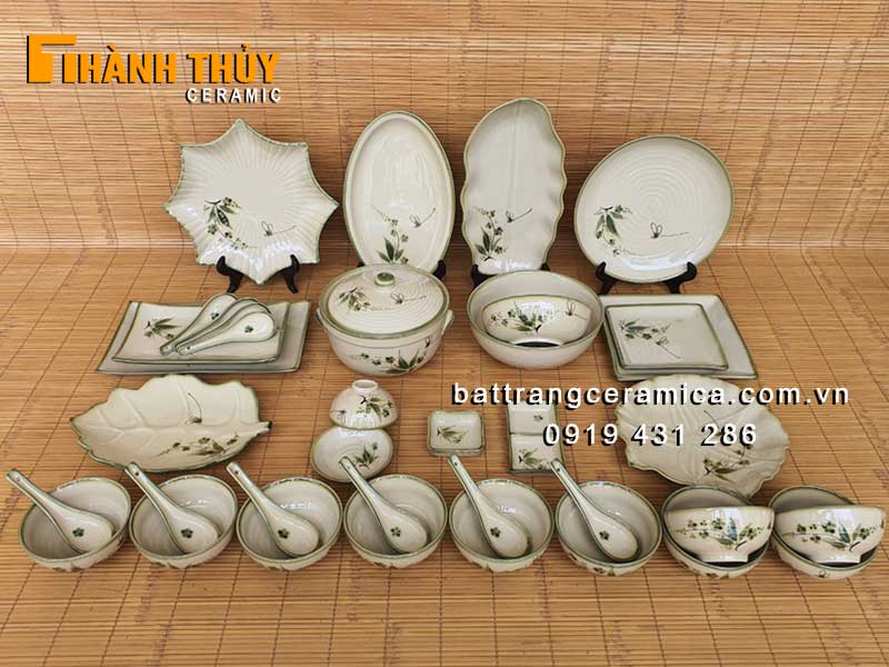 Bộ bát đĩa trúc chuồn men rêu 37 món gốm sứ cao cấp Bát Tràng