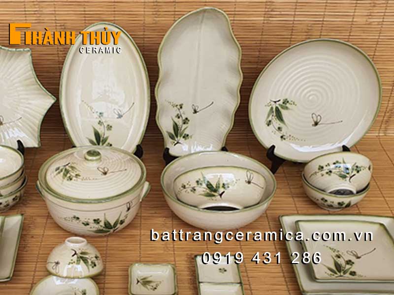 Bộ bát đĩa trúc chuồn men rêu 37 món gốm sứ cao cấp Bát Tràng