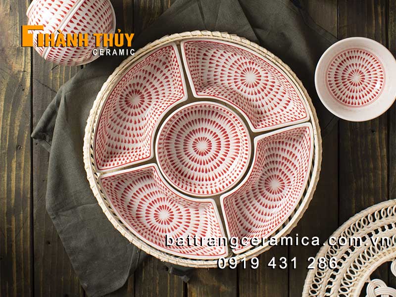 Khay mứt sứ Bát Tràng hoa cúc tây đỏ decor sang trọng