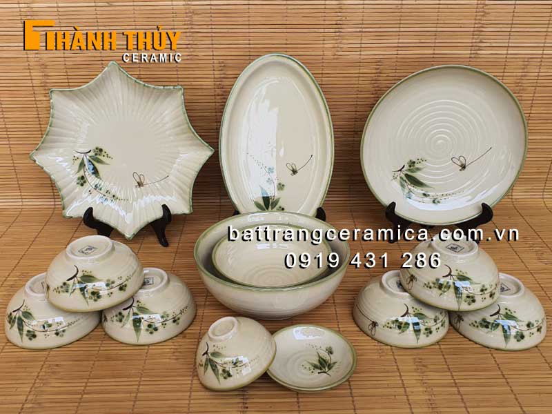 Bộ bát đĩa men rêu cổ 13 món Bát Tràng cao cấp an toàn sức khỏe 