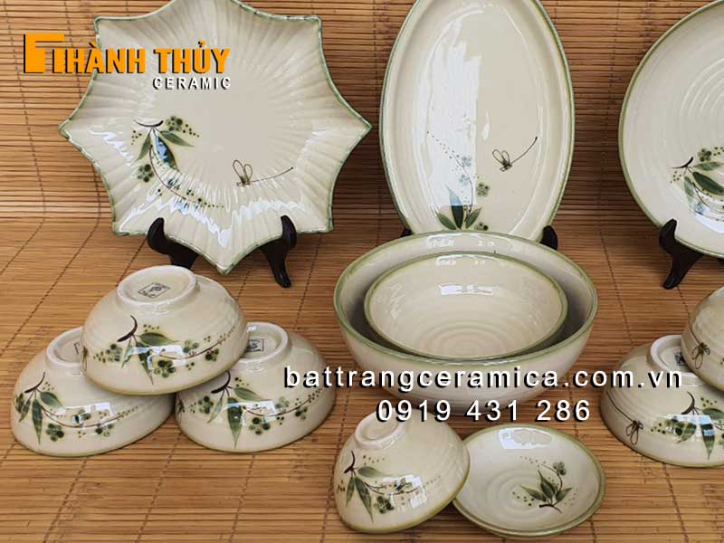 Bộ bát đĩa men rêu cổ 13 món Bát Tràng cao cấp an toàn sức khỏe