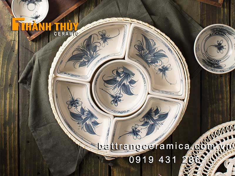 Khay mứt Bát Tràng bèo chuồn vẽ tay sang trọng an toàn 