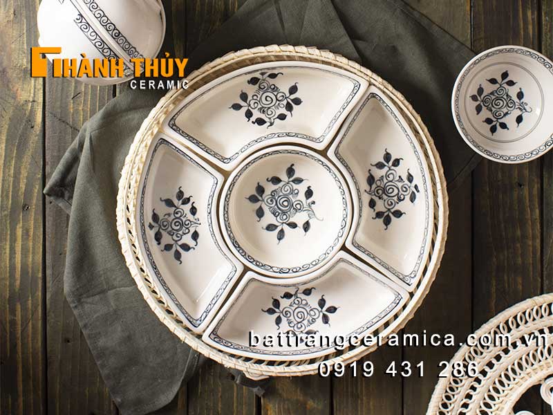 Khay sứ đựng bánh kẹo Tết vẽ hoa móc đẹp sang trọng