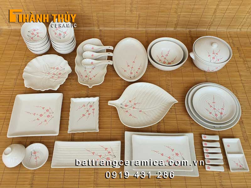 Bộ bát đĩa men gấm hoa đào 40 món sang trọng chất lượng cao