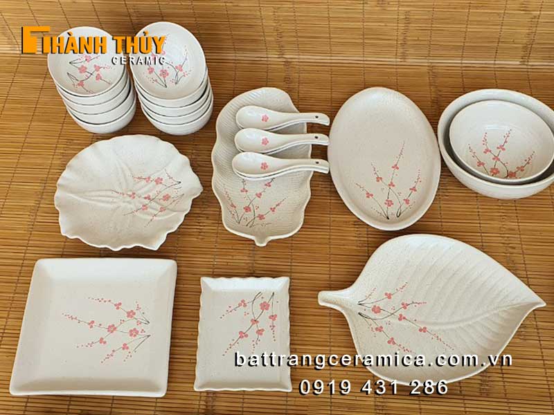 Bộ bát đĩa men gấm hoa đào 40 món sang trọng chất lượng cao