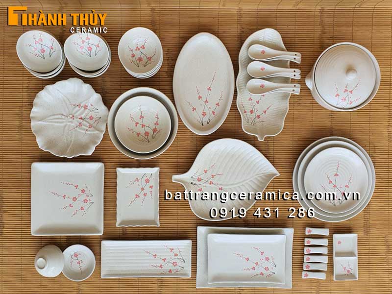 Bộ bát đĩa men gấm hoa đào 40 món sang trọng chất lượng cao