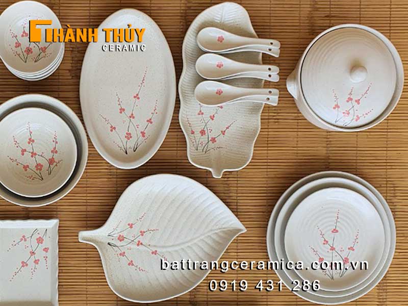 Bộ bát đĩa men gấm hoa đào 40 món sang trọng chất lượng cao