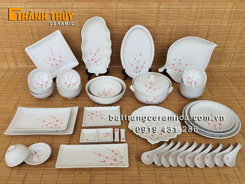 Bộ bát đĩa men gấm hoa đào 40 món Bát Tràng cao cấp sang trọng 