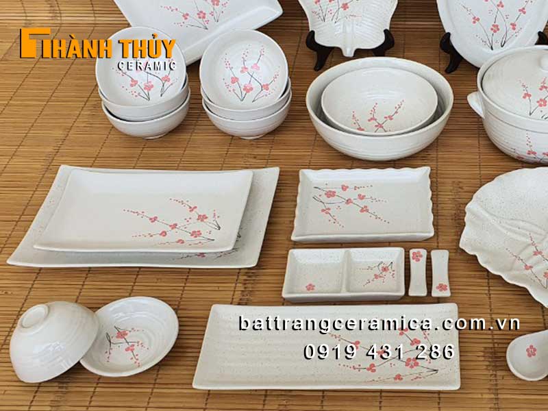 Bộ bát đĩa men gấm hoa đào 40 món Bát Tràng cao cấp sang trọng