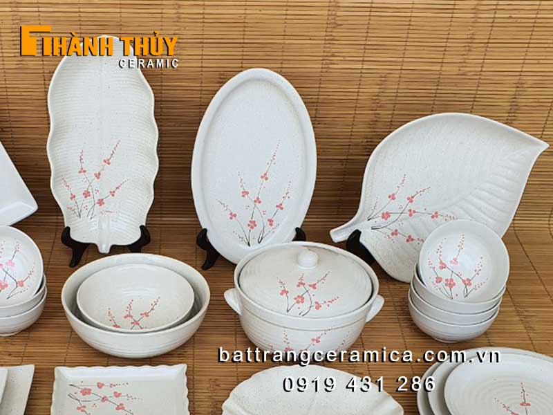 Bộ bát đĩa men gấm hoa đào 40 món Bát Tràng cao cấp sang trọng