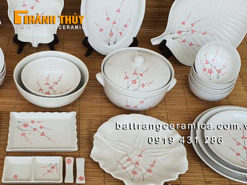 Bộ bát đĩa men gấm hoa đào 40 món Bát Tràng cao cấp sang trọng