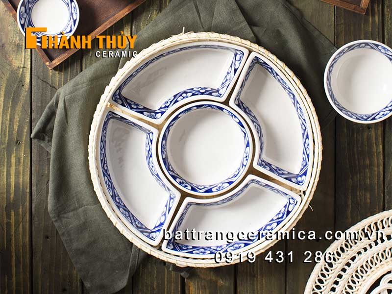 Khay đựng mứt Tết sang trọng diềm xanh tuyệt đẹp trang trí 