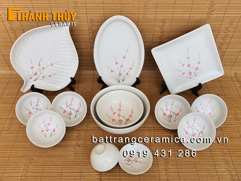 Bộ bát đĩa men gấm hoa đào 13 món cao cấp Bát Tràng sang trọng