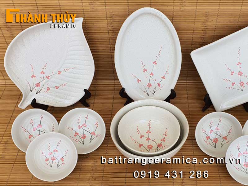 Bộ bát đĩa men gấm hoa đào 13 món cao cấp Bát Tràng sang trọng