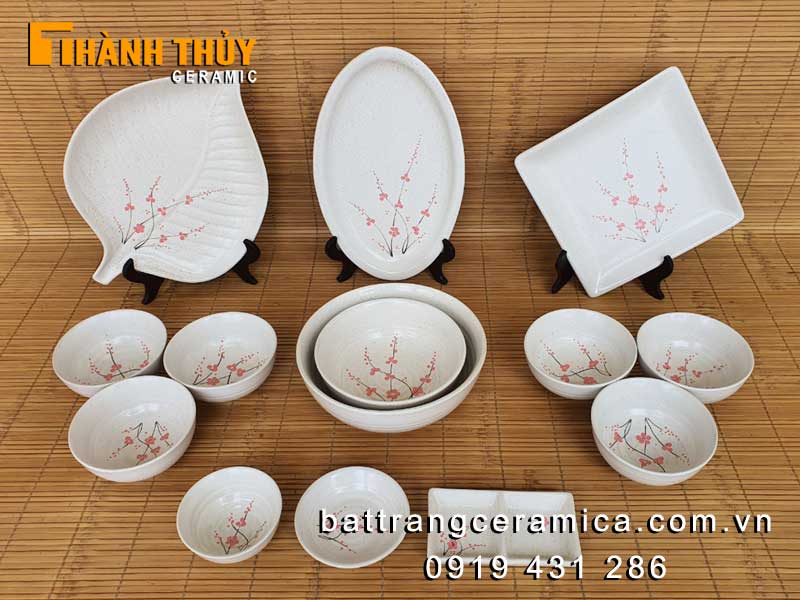 Bộ bát đĩa men gấm hoa đào 13 món cao cấp Bát Tràng sang trọng